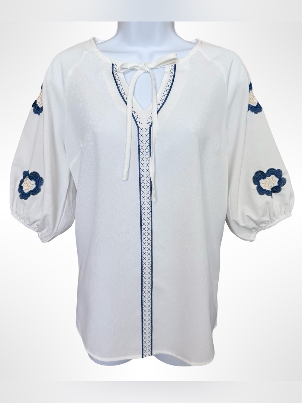 Anna Kaci Floral Puff Sleeve Embroidered Top Boho Cottage Peasant Folk Coastal